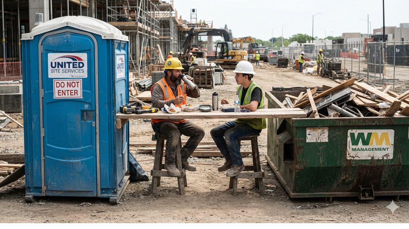 Worker beside a jobsite portable toilet unit