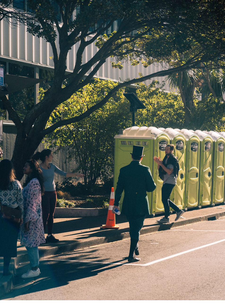 Portable restrooms placed along a public event route