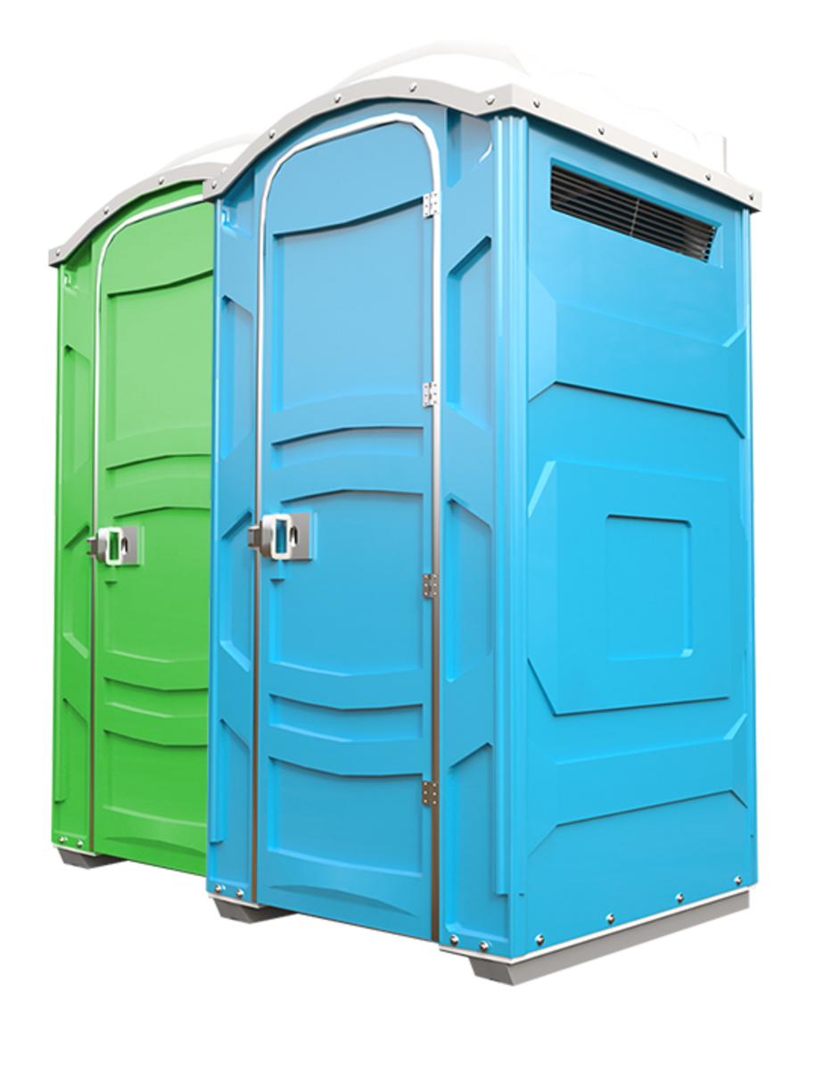 Two clean portable toilet units, green and blue, ready for delivery