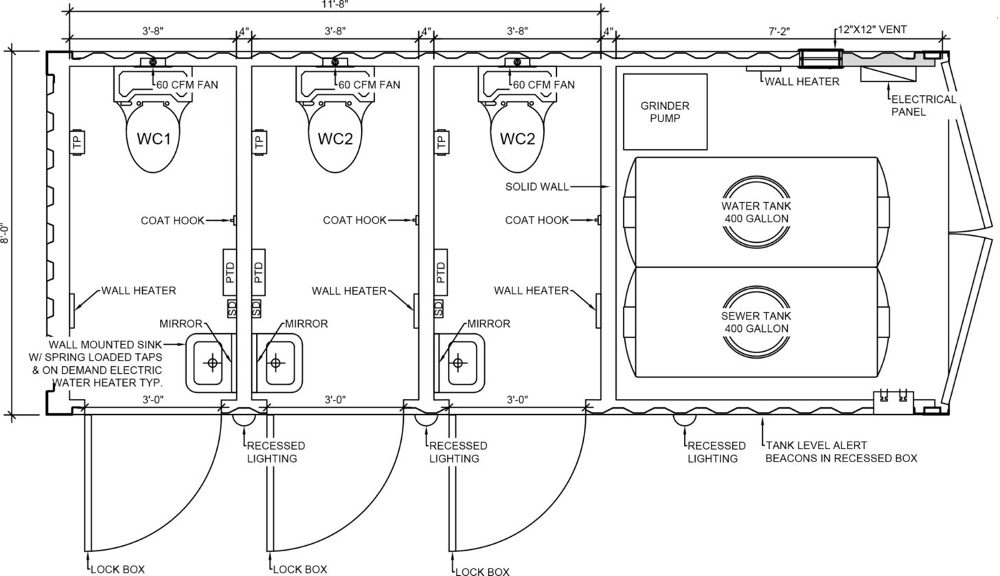Floor plan diagram of a multi-stall restroom trailer